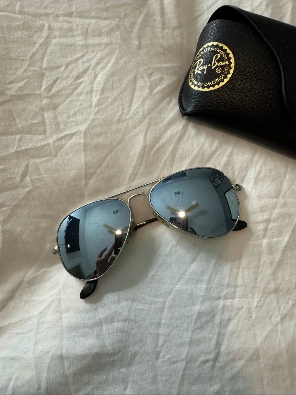 Ray-Ban Silver Frame Sunglasses with Blue Lenses and case